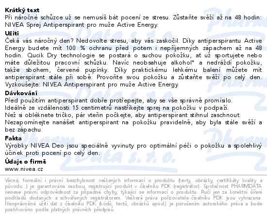 Příbalový leták - NIVEA MEN Sprej antiperspirant pro muže Active Energy 150ml