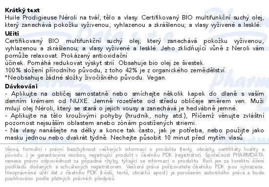 Příbalový leták - Nuxe Bio Huile Prodigieuse Néroli Multi-purpose Dry Oil for Face Body And Hair 100ml