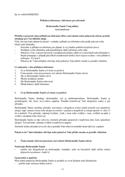 Příbalový leták (SUKL) - Desloratadin Xantis 5mg tbl.nob.30