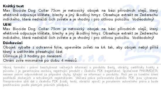 Příbalový leták - Max Biocide Dog Collar obojek pro psy 75cm