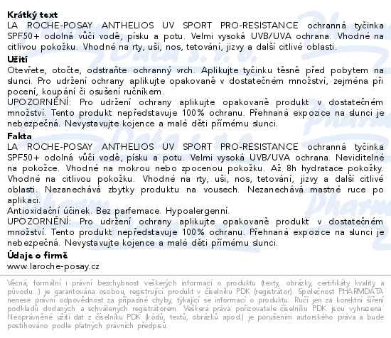Příbalový leták - LA ROCHE-POSAY ANTHELIOS UVsport tyčinka SPF50+ 8g