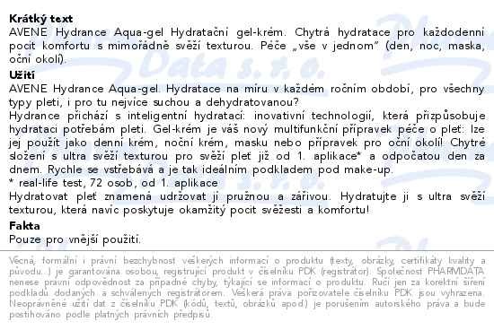 Příbalový leták - AVENE Hydrance Aqua-gel 50ml