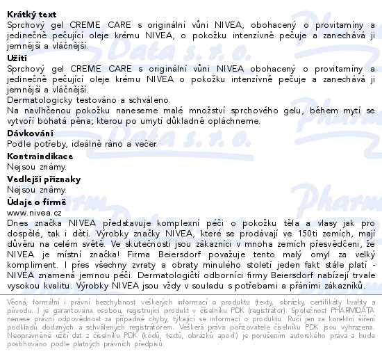 Příbalový leták - NIVEA Pečující sprchový gel Creme Care 250ml