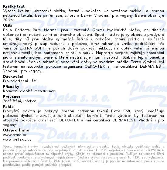 Příbalový leták - Bella Perfecta pure hygienické vložky normal 20ks