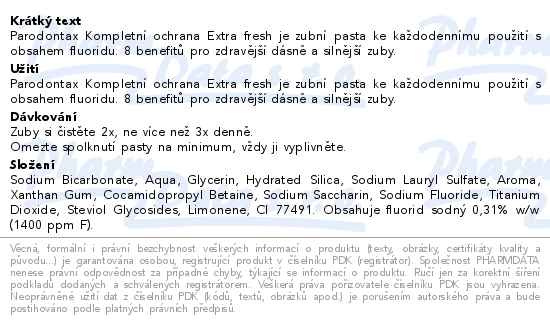 Příbalový leták - Parodontax Kompletní ochrana Extra Fresh zubní pasta s 8 benefity proti krvácení dásní 75ml
