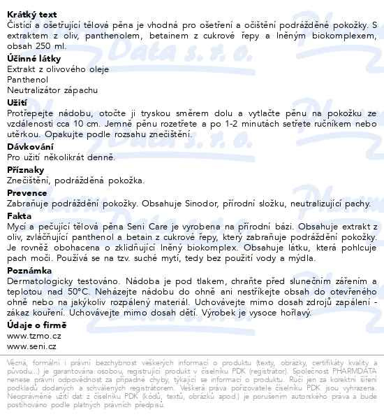 Příbalový leták - Seni Care čisticí a ošetřující tělová pěna 250ml