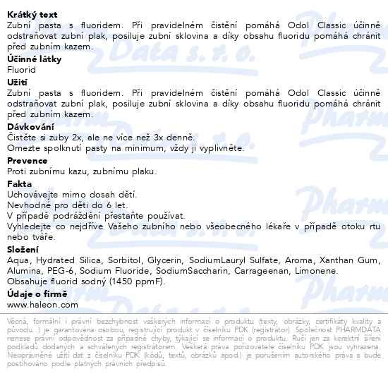 Příbalový leták - Odol Classic zubní pasta proti zubnímu kazu 75ml