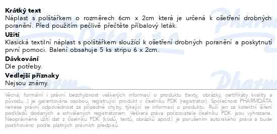 Příbalový leták - FIXAplast textil.náplast s polštářkem 6x2cm 5ks