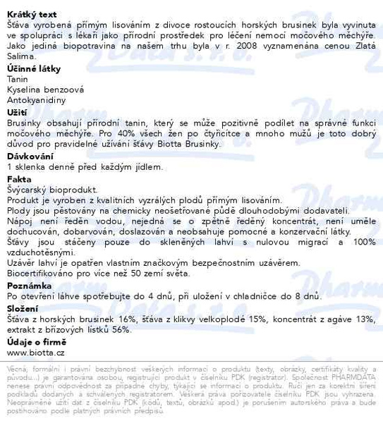 Příbalový leták - Biotta Brusinky BIO 500ml