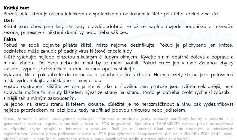 Příbalový leták - ALFA pinzeta na klíšťata 1ks