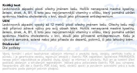 Příbalový leták - Allnature Kešu jádra 250g