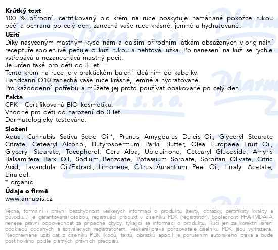 Příbalový leták - Annabis Handcann Q10 regenerační krém na ruce 75ml