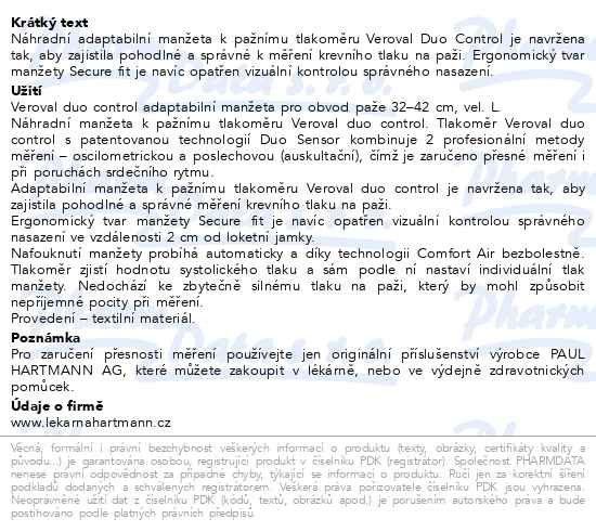 Příbalový leták - Veroval Duo Control Adaptabilní manžeta L 32-42cm