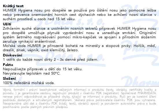 Příbalový leták - HUMER Hygiena nosu 100% mořská voda pro dosp.150ml