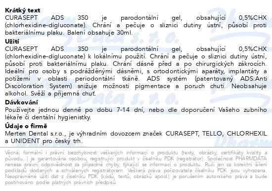 Příbalový leták - CURASEPT ADS 350 parodontální gel 0.5%CHX 30ml