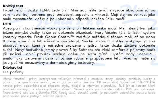 Příbalový leták - TENA Lady Slim Mini ink.vložky 20ks 760256