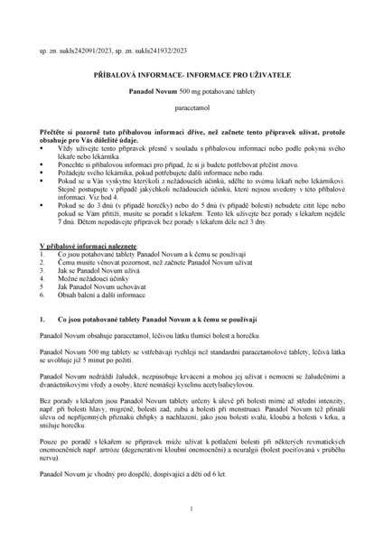 Příbalový leták (SUKL) - Panadol Novum 500mg, tablety na bolest a snížení horečky 12 tablet