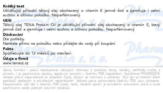 Příbalový leták - TENA Proskin Body Oil tělový olej 250ml