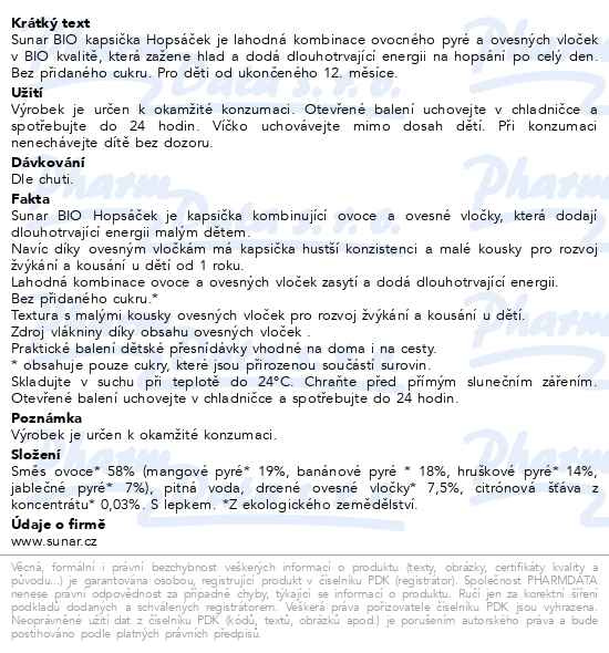 Příbalový leták - Sunar BIO Hopsáček mango/ban/hruš/jablko/oves 100g