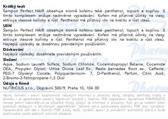 Příbalový leták - Perfect HAIR kofeinový šampon 550ml