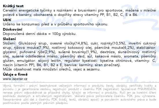 Příbalový leták - ISOSTAR Energy sport bar tyčinka brusinka 40g