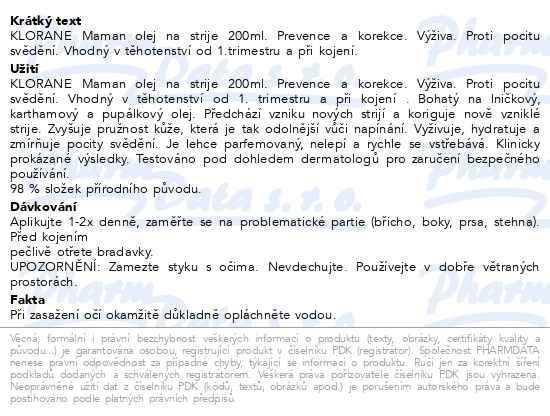 Příbalový leták - KLORANE Maman Olej na strie 200ml