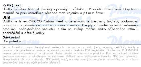 Příbalový leták - CHICCO Dudlík na láhev Natural Feeling silikon pomalý průtok 0m+ 1 ks