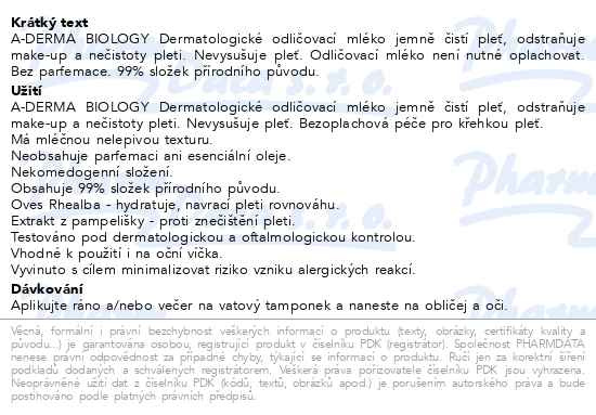 Příbalový leták - A-DERMA BIOLOGY Odličovací mléko 200ml