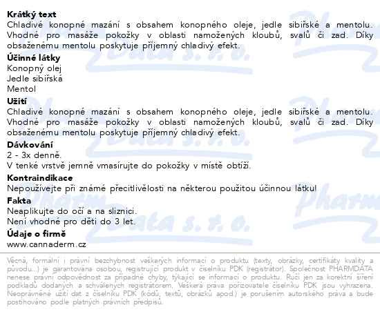 Příbalový leták - Cannaderm Mentholka konopné mazání 200ml