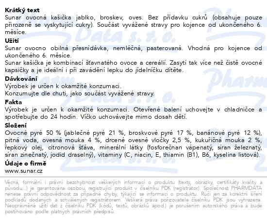 Příbalový leták - Sunar Ovocná kašička broskev jablko ovesné vločky 120g