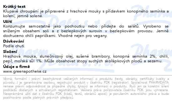 Příbalový leták - Green Apotheke Chipsy s konopím a chilli 100g