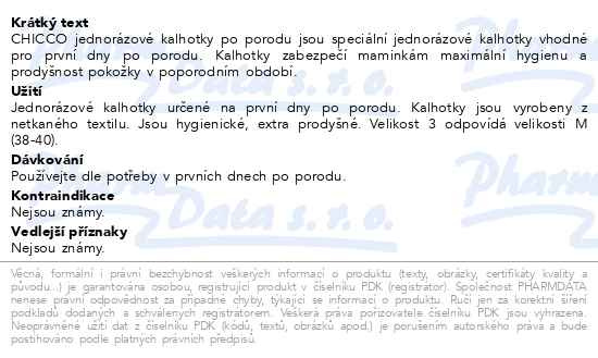 Příbalový leták - CHICCO Kalhotky jednorázové po porodu, 4 ks, vel.3