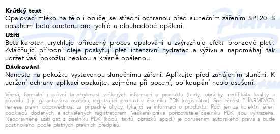 Příbalový leták - VIVACO mrkvové opalovací mléko SPF20 150ml