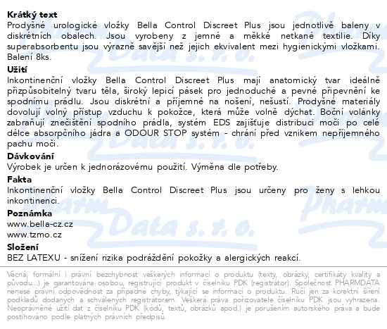 Příbalový leták - Bella Control discreet plus urologic.vložky 8ks