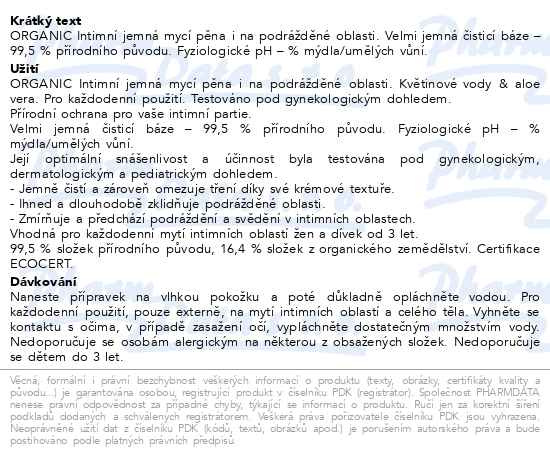 Příbalový leták - PURESSENTIEL ORGANIC Intimní mycí pěna BIO 150ml
