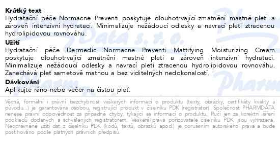 Příbalový leták - DERMEDIC Normacne Matující hydratační krém 40ml