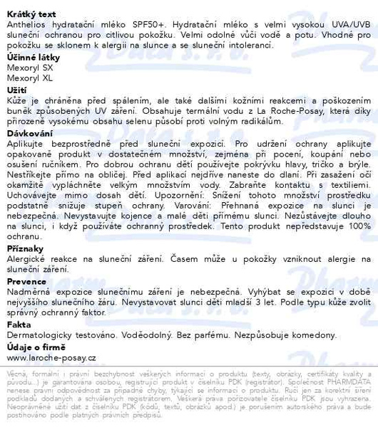 Příbalový leták - LA ROCHE-POSAY ANTHELIOS Hydratační mléko SPF50+ 250ml