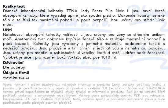 Příbalový leták - TENA Lady Pants Plus Noir L inkontinenční kalhotky 8ks