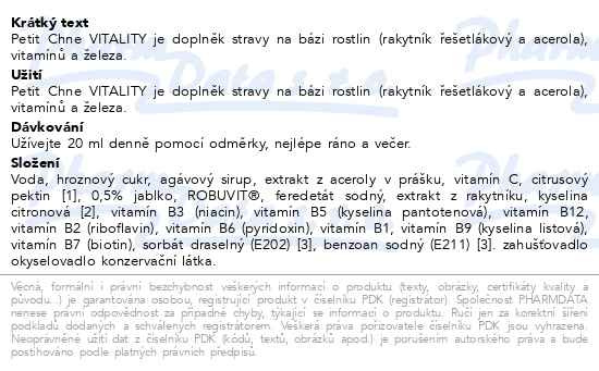 Příbalový leták - Petit Chéne Vitalit sirup 125ml