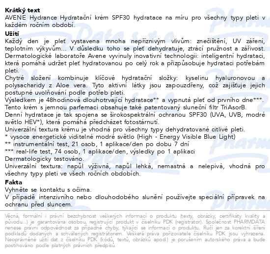 Příbalový leták - AVENE Hydrance Hydratační krém SPF30 40ml