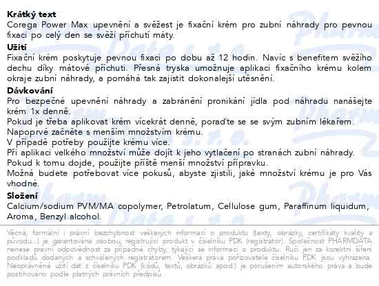 Příbalový leták - Corega Power Max Upevnění+Svěžest fixač.krém 40g