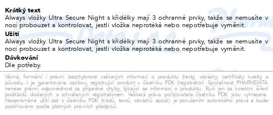 Příbalový leták - Always Ultra Secure Night vložky velikost 4, 24ks