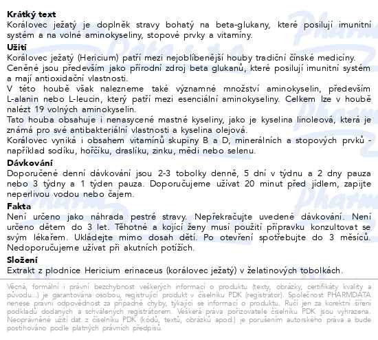 Příbalový leták - Allnature Hericium Korálovec ježatý cps.100