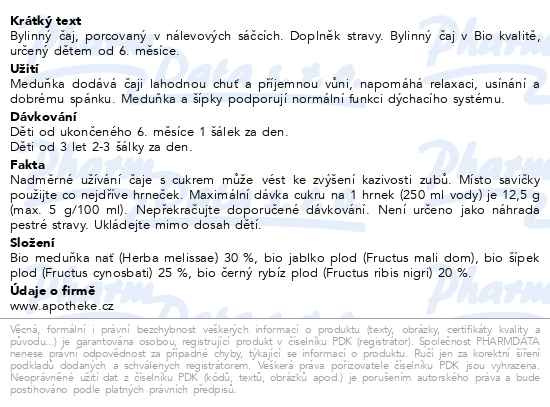 Příbalový leták - Apotheke BIO Dětský Meduňkový čaj 20x2g
