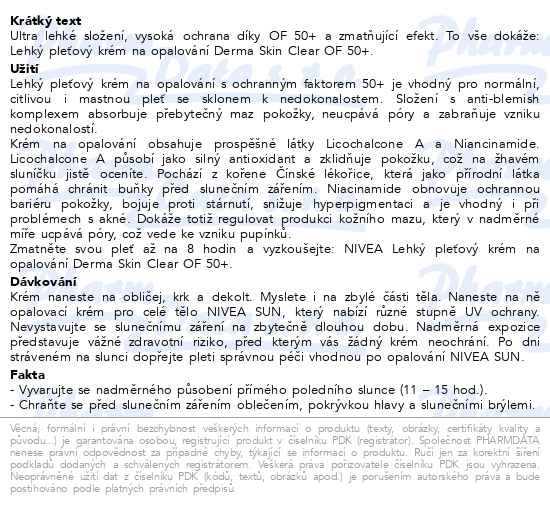 Příbalový leták - NIVEA SUN Lehký pleťový krém na opalování Derma Skin Clear SPF 50+ 40ml