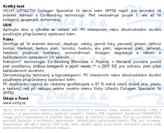 Příbalový leták - VICHY LIFTACTIV Collagen Specialist 16 Denní krém SPF50 - náhradní náplň 50ml