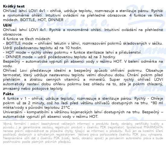 Příbalový leták - LOVI Ohřívač lahví Šedý