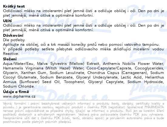 Příbalový leták - JONZAC REACTIVE Odličovací mléko pro intolerantní pleť BIO 200ml