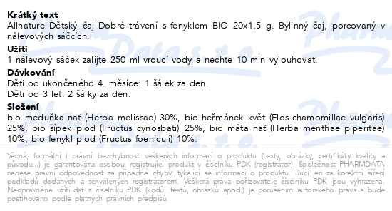 Příbalový leták - Allnature Dětský čaj Dobré trávení s fenyklem BIO 20x1.5g 4M+