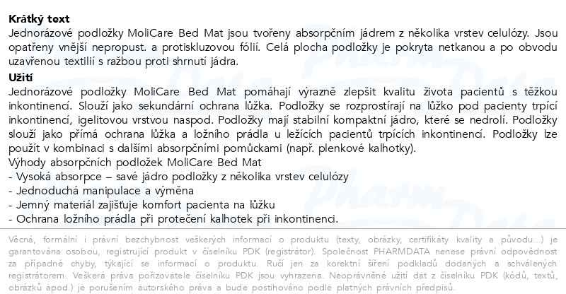 Příbalový leták - Podložky MoliCare Bed Mat 8 kapek, 60x60 30ks savost 991ml